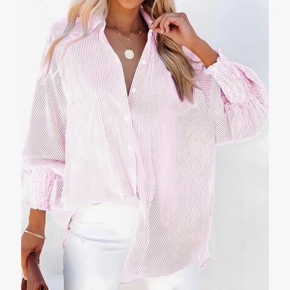 dokotoo Tops - Pink Striped Button-Up Shirt